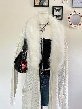 Faux Fur-Trim White Cable Knit Cardigan Sweater